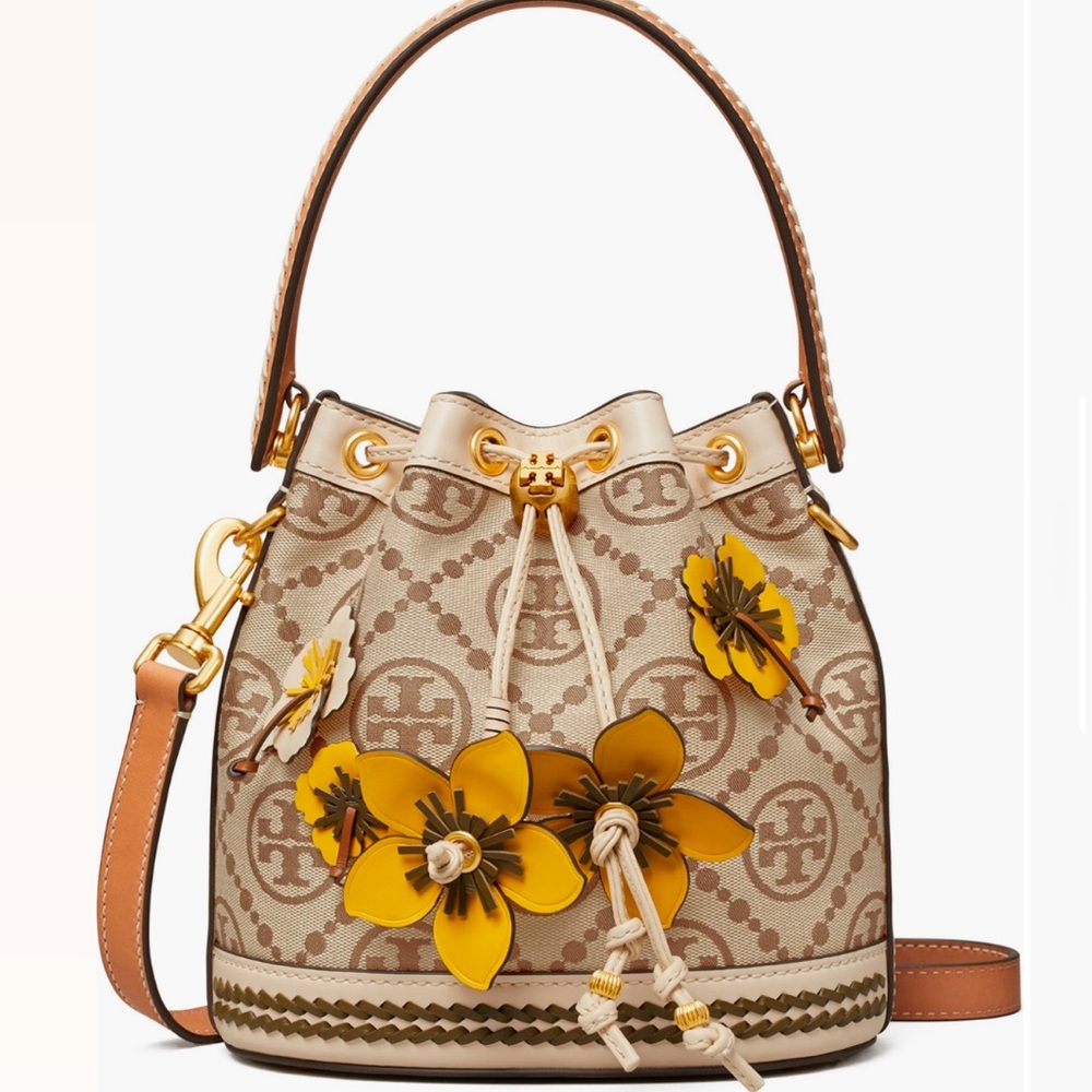 Tory Burch monogram braided floral bucket bag